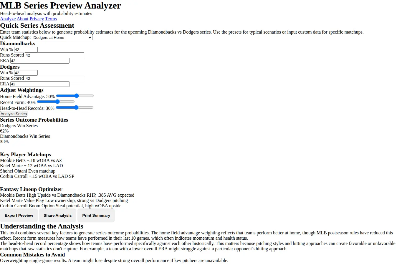 Screenshot of MLB Series Preview Analyzer interface showing the project page in use